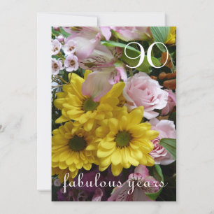 Invitación 90.o ¡Celebración del cumpleaños! - Flores rosadas