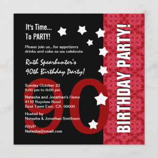 Invitación 90.o D90A divertido rojo del cumpleaños y negro