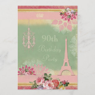 Invitación 90.o Torre Eiffel y lámpara rosadas del cumpleaños