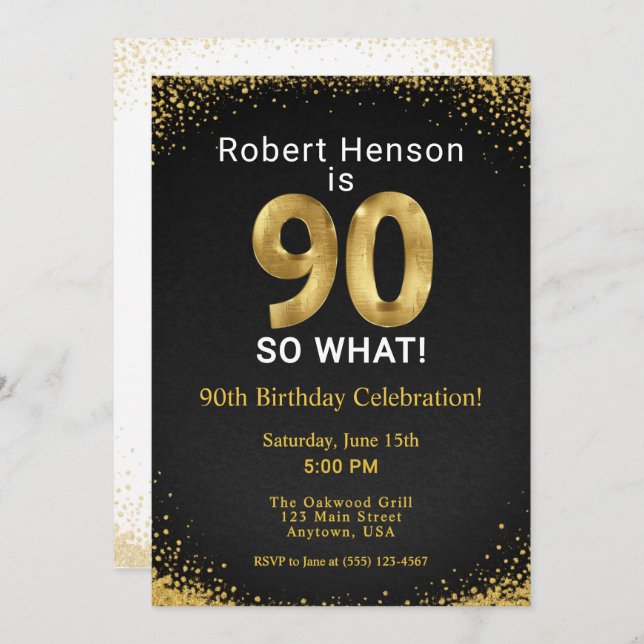 Invitación 90 So What! Black Gold 90th Birthday (Anverso / Reverso)