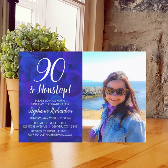 Invitación 90 y cumpleaños de la foto real azul sin parar (Subido por el creador)