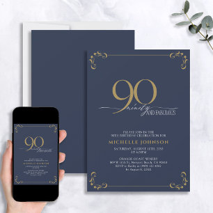 Invitación 90 y fabulosa caligrafía azul y oro Cumpleaños