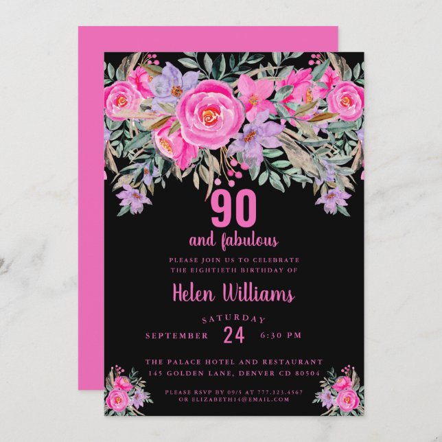 Invitación 90 y fabuloso cumpleaños 90 color rosa negro (Anverso / Reverso)