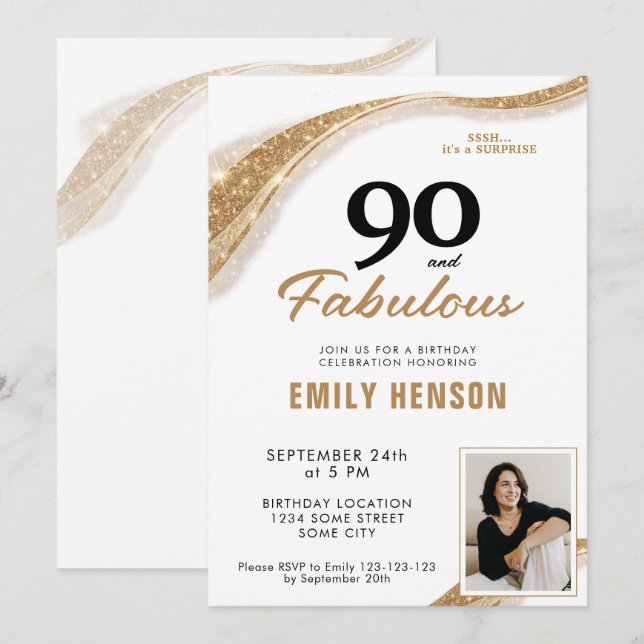 Invitación 90 y fabuloso cumpleaños 90 dorado (Anverso / Reverso)