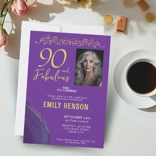 Invitación 90 y fabuloso ornamento de oro 90.ª foto de cumple