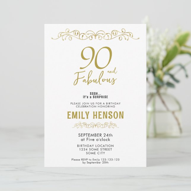Invitación 90 y fabuloso ornamento de oro 90 cumpleaños (Anverso de pie)
