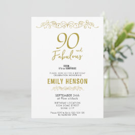 Invitación 90 y fabuloso ornamento de oro 90 cumpleaños