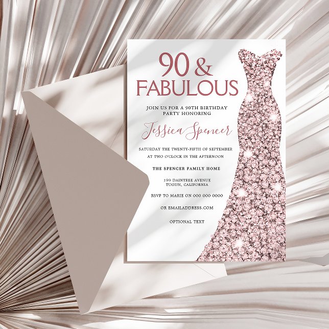 Invitación 90 y fabuloso Rosa de oro vestido 90 cumpleaños (Subido por el creador)
