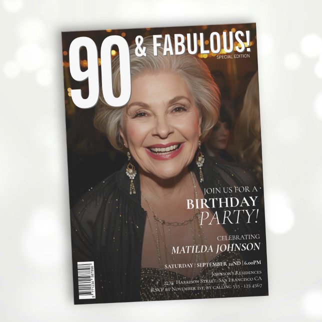 Invitación 90 y Fabulous Magazine tapa 90th Birthday (90 and Fabulous Magazine Cover 90th Birthday Invitation)