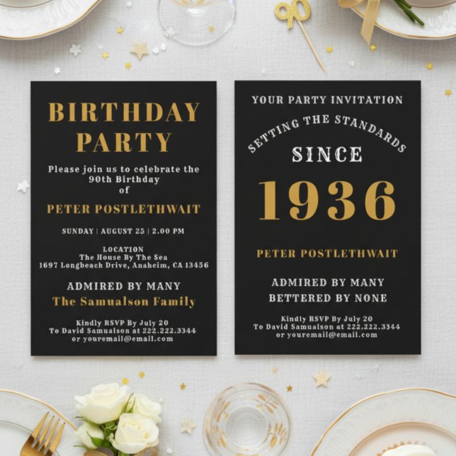 Invitación 90th Birthday 1936 Black Gold Personalized For Him (1936 invitation. White background.)
