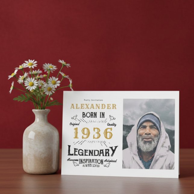 Invitación 90th Birthday 1936 Legend White & Gold Photo (Born 1936 party invitation)