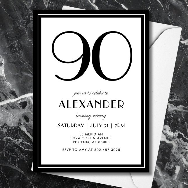 Invitación 90th Birthday Black and White Modern Minimalist  (Modern black and white birthday style—minimalist typography for a timeless 90th.)