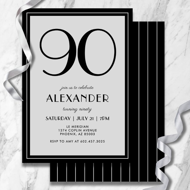 Invitación 90th Birthday Modern Minimalist Mens Black Gray (Modern black and light gray design—minimal, bold, and effortlessly stylish.)