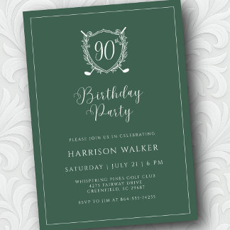 Invitación 90th Birthday Party Golf Crest Elegant Script Sage