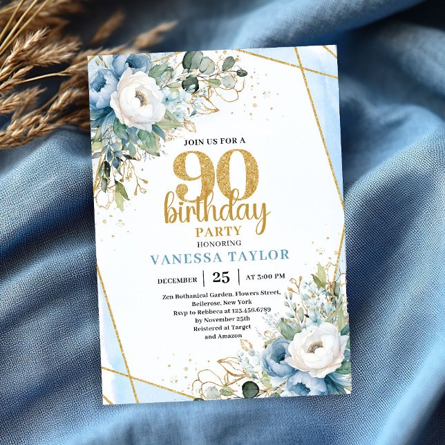 Invitación 90th Birthday Party Invite Watercolor Blue Flowers (90th Birthday Party Invite Watercolor Blue Flowers Glitter

)