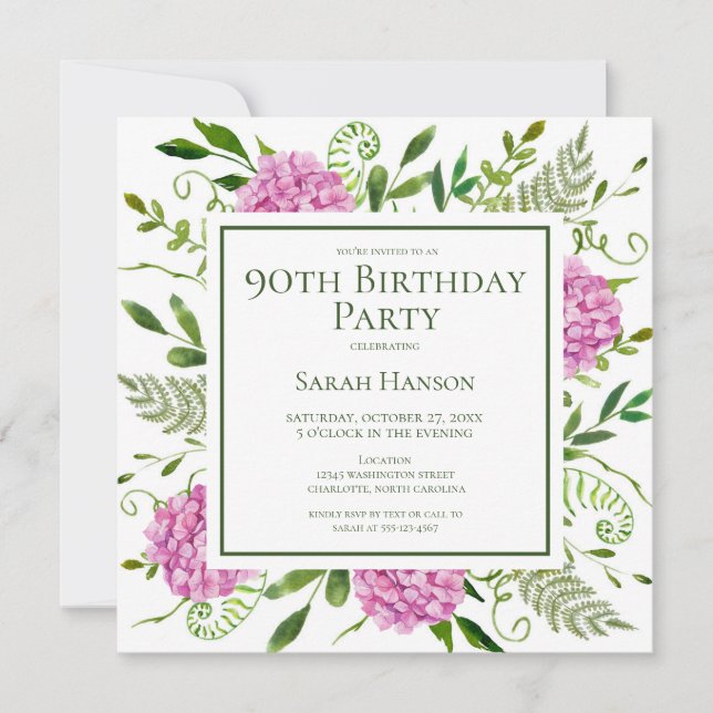 Invitación 90th Birthday Pink Hydrangeas Card Request  (Anverso)