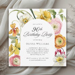 Invitación 90th Birthday Spring Garden Stylish Floral<br><div class="desc">Celebrate a 90th birthday with this stylish sunny floral party invitation, a favorite choice celebrations in spring and into the summer months. Mixed colors of daffodils, ranunculus, and other watercolor floral elements blend beautifully in this garden themed elegant design. Personalize the text template with your event details. The back of...</div>