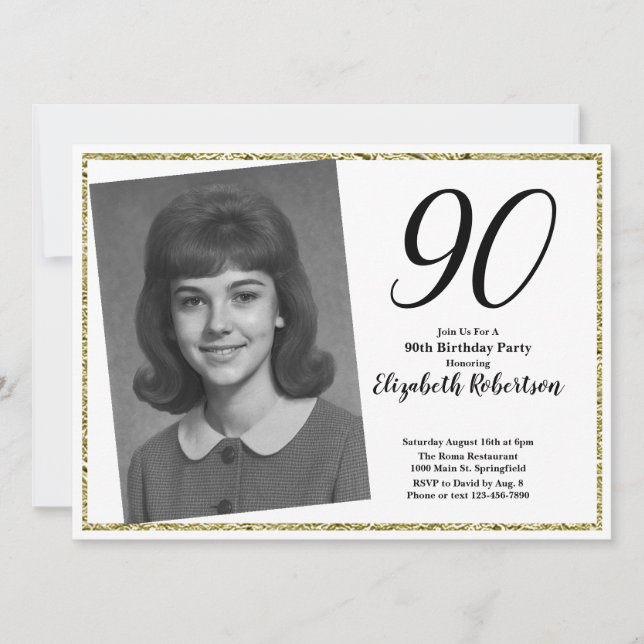 Invitación 90th Custom Photo White and Gold  (Anverso)