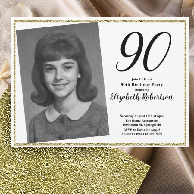 Invitación 90th Custom Photo White and Gold  (Subido por el creador)
