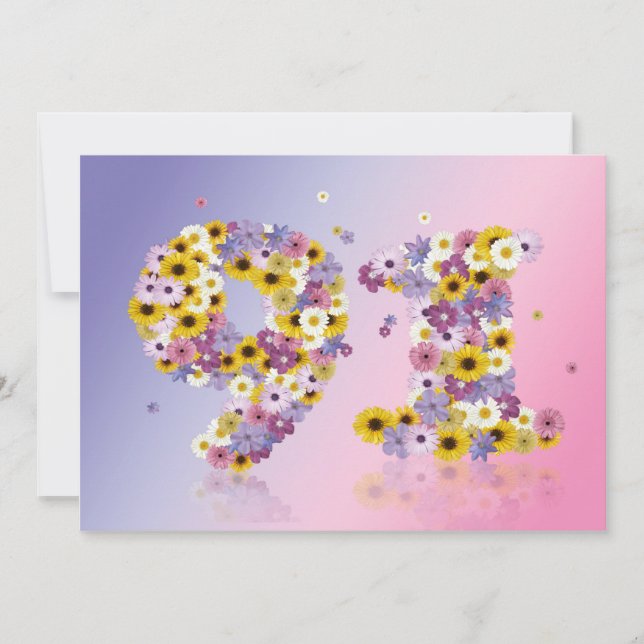 Invitación 91ª fiesta de cumpleaños, con letras con flores (Anverso)