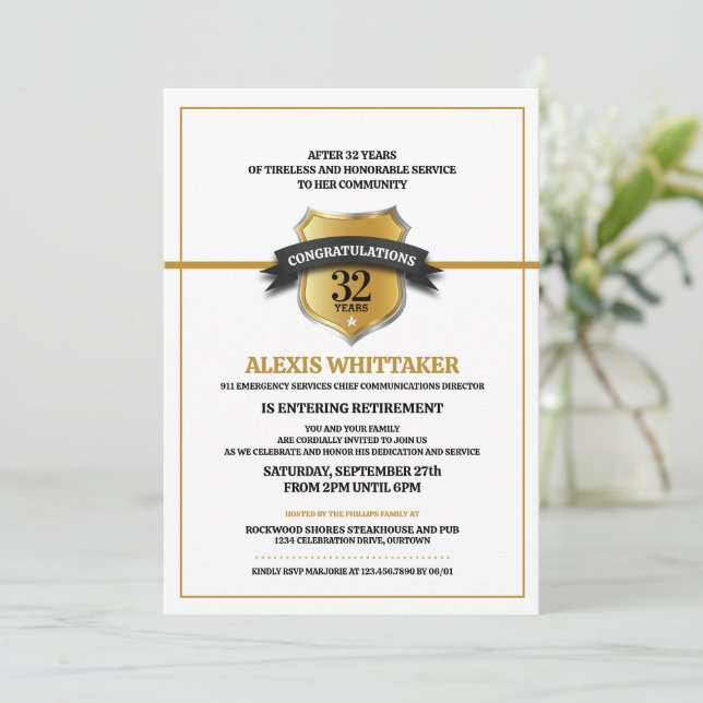 Invitación 911 Fiesta de Jubilación de Línea de Oro delgada (Anverso de pie)