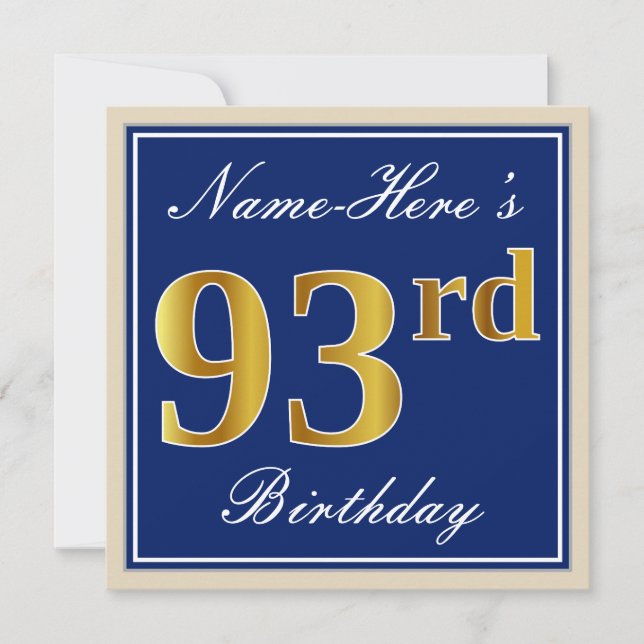 Invitación 93.o cumpleaños del oro elegante, azul, falso + (Anverso)