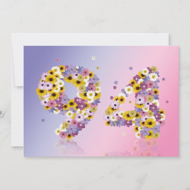 Invitación 94.ª fiesta de cumpleaños, con letras con flores (Anverso)