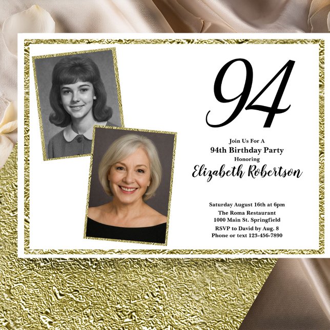 Invitación 94 Cumpleaños Foto Personalizada Blanco y Dorado  (Subido por el creador)