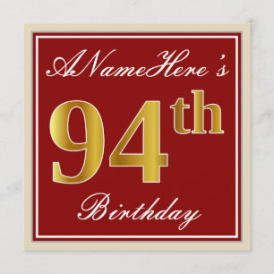 Invitación 94.o cumpleaños del oro elegante, rojo, falso;