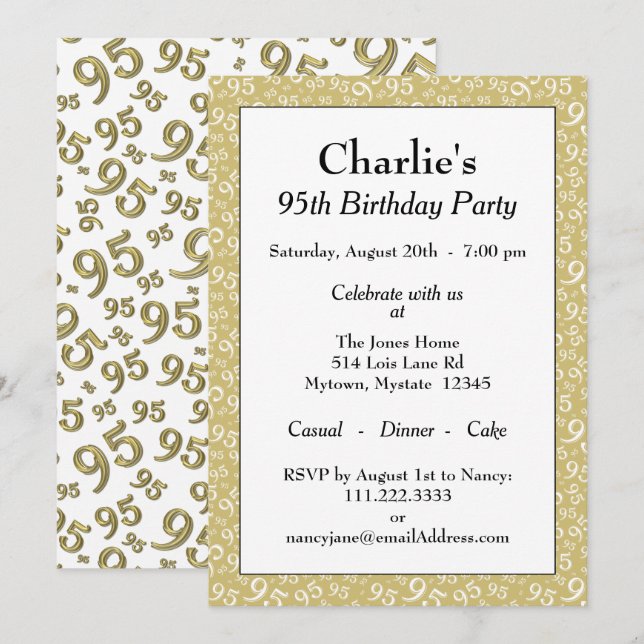 Invitación 95º tema de fiesta de cumpleaños patrón oro y blan (Anverso / Reverso)
