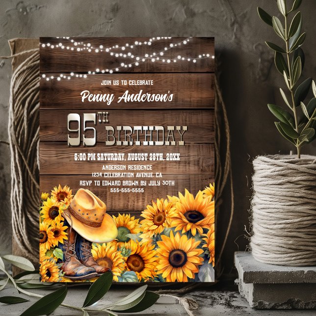 Invitación 95.ª fiesta de cumpleaños Girasol de madera rústic (Subido por el creador)