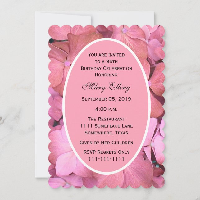Invitación 95.ª Fiesta de cumpleaños Hidrangeas Rosadas (Anverso)