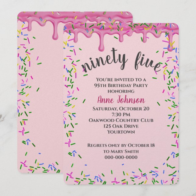 Invitación 95.º Nacimiento Hielo Y Espolvorea Rosa (Anverso / Reverso)