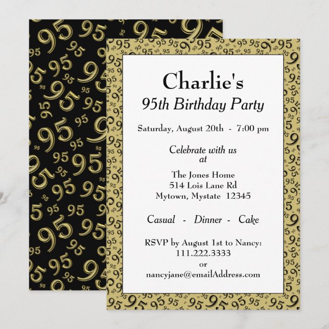Invitación 95.º Nacimiento Patrón de números al azar negro/or (Anverso / Reverso)