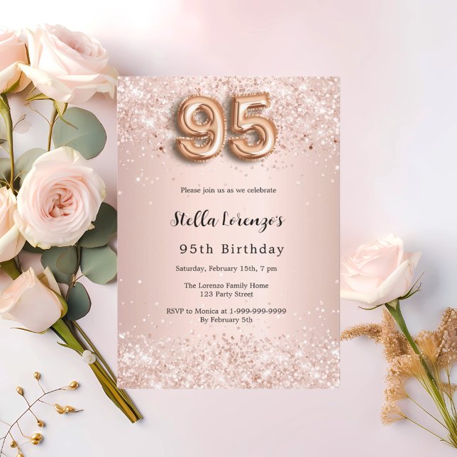 Invitación 95.º rosa de oro, confetti rosa (Subido por el creador)