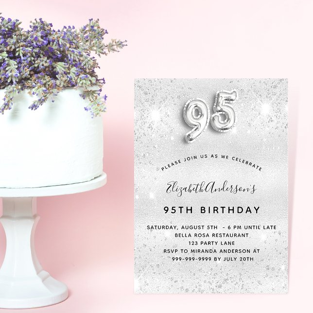 Invitación 95 años purpurina de plata chispas (Subido por el creador)