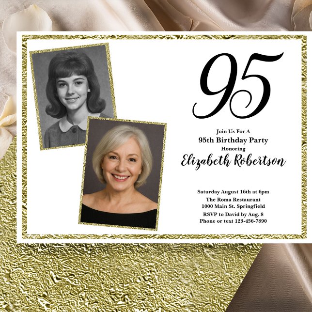 Invitación 95 Cumpleaños Foto Personalizada Blanco y Dorado  (Subido por el creador)