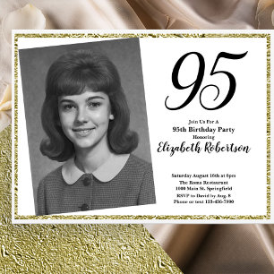 Invitación 95 Cumpleaños Foto Personalizada Blanco y Dorado 
