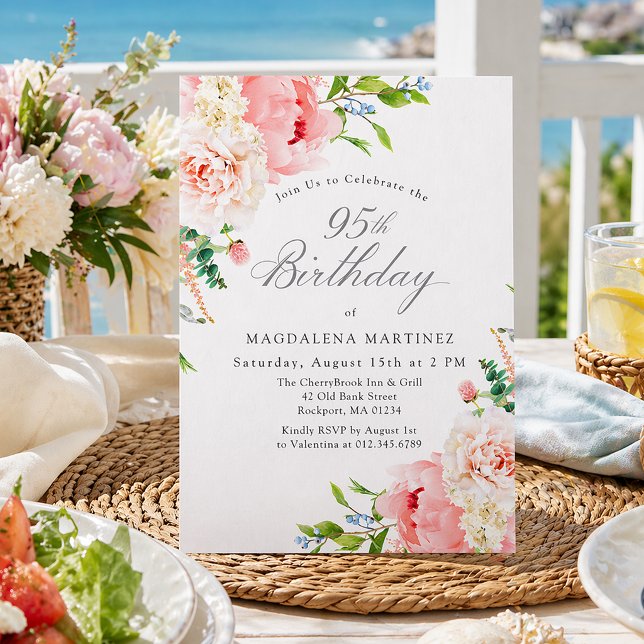 Invitación 95th Birthday Party Feminine Pink Roses Floral (Subido por el creador)