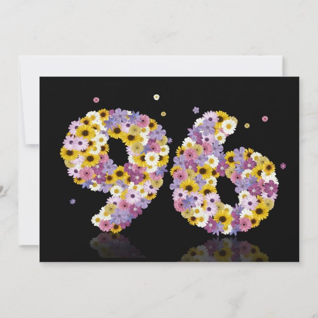 Invitación 96.ª fiesta de cumpleaños, con letras con flores (Anverso)