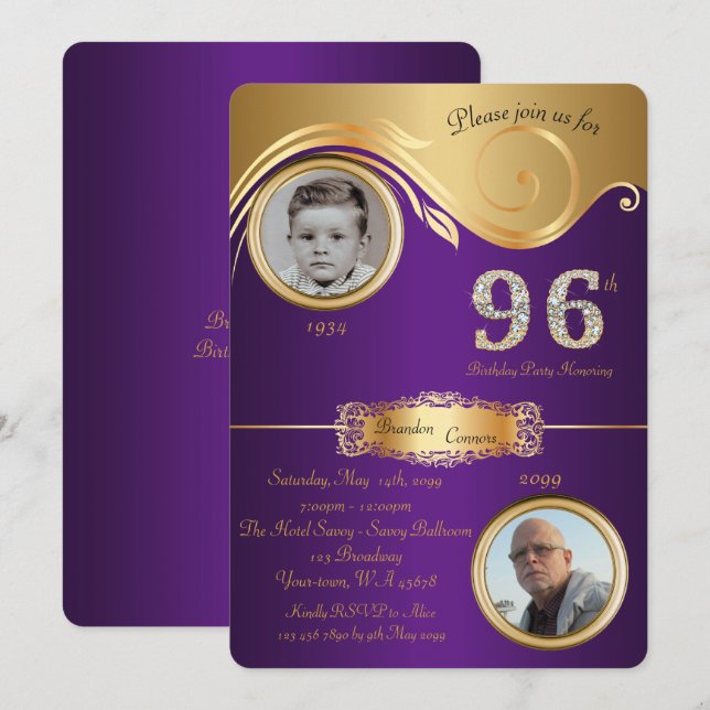 Invitación 96, cumpleaños 96, elegante deco de arte, morado (Anverso / Reverso)