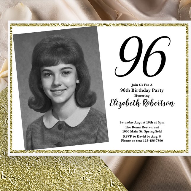 Invitación 96 Cumpleaños Foto Personalizada Blanco y Dorado  (Subido por el creador)