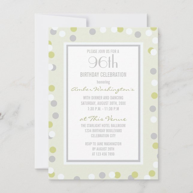 Invitación 96° puntos y chevrones de polka verde y gris (Anverso)