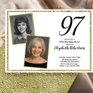 Invitación 97 Cumpleaños Foto Personalizada Blanco y Dorado 