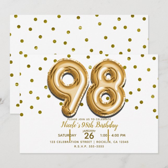 Invitación 98 Globos de Oro y Confetti 98ª fiesta de cumpleañ (Anverso / Reverso)