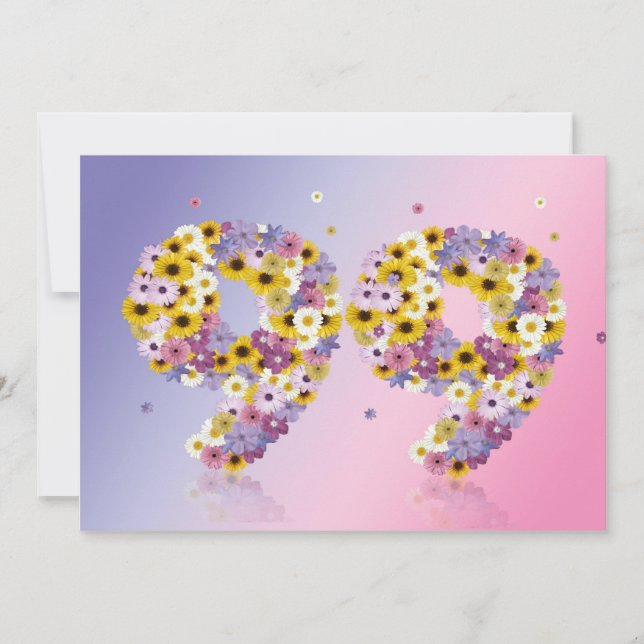 Invitación 99ª fiesta de cumpleaños, con letras con flores (Anverso)