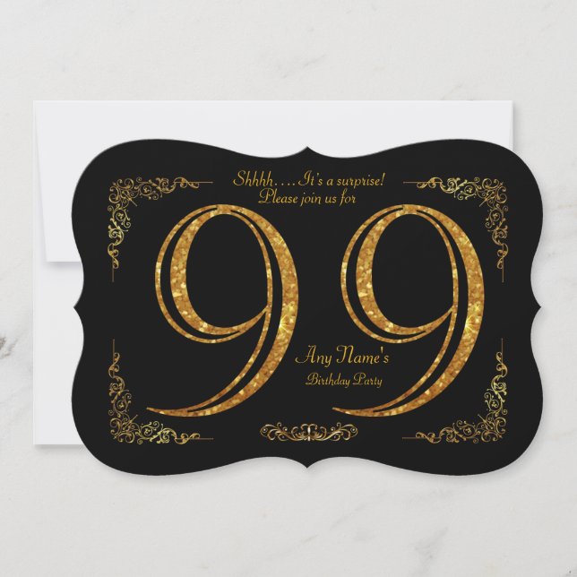Invitación 99,Fiesta de cumpleaños 99,gran Gatsby, negro y or (Anverso)