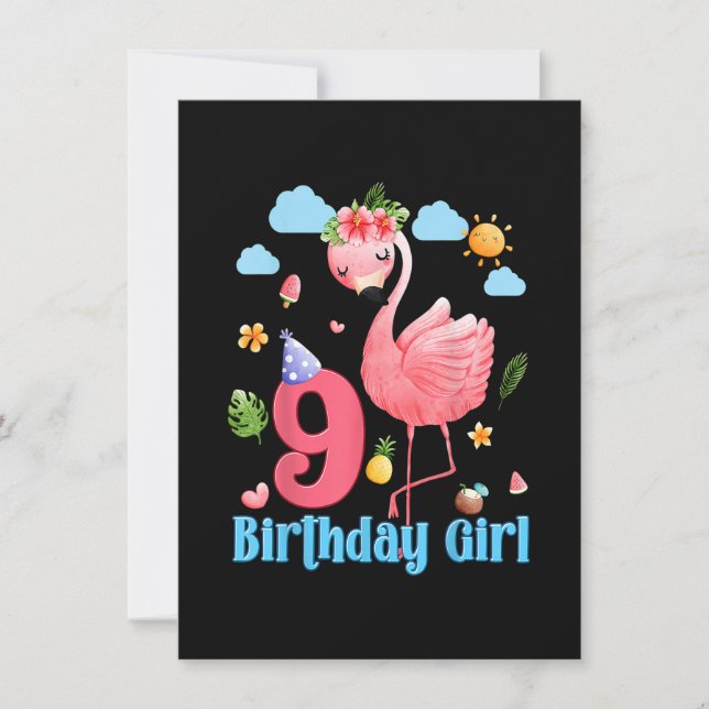 Invitación 9.ª Chica Flamingo 9 años de edad Tropical F (Anverso)