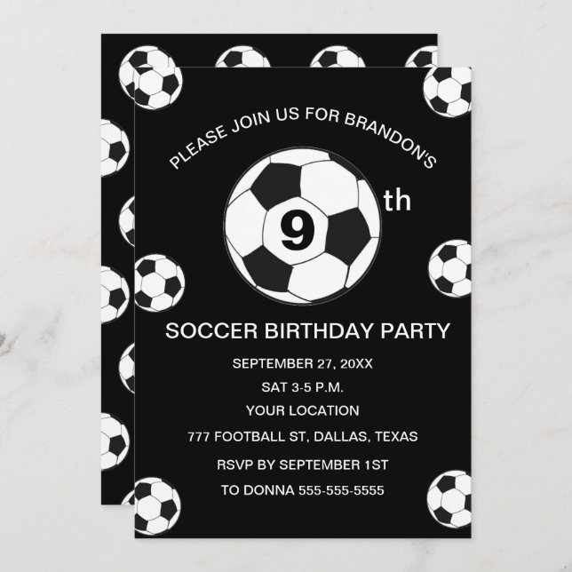 Invitación 9.ª fiesta de cumpleaños Fútbol Black Boys Sports (Anverso / Reverso)
