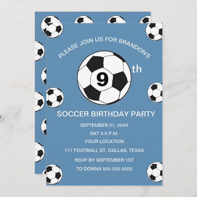 Invitación 9.ª fiesta de cumpleaños Fútbol Blue Boys Sports (Anverso / Reverso)